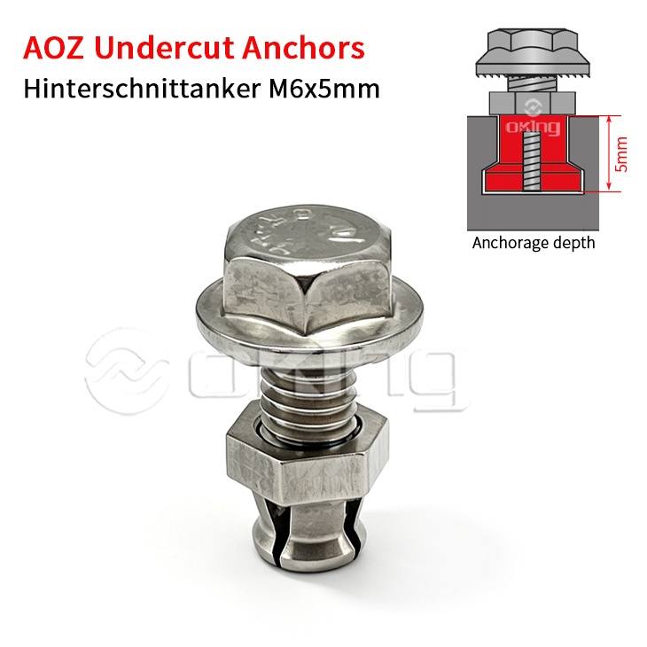 Âncoras rebaixadas de aço inoxidável AOZ M6x5mm, Hinterschnittanker para sistemas de fixação rebaixados